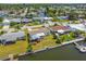 Waterfront living is a dream in this aerial view showing houses with canal access and docks at 13617 Frances Ave, Hudson, FL 34667