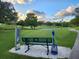Picturesque golf course view with a serene pond, bench, and course marker. Offers a peaceful and leisurely golfing experience at 2814 Lomond Dr, Palm Harbor, FL 34684
