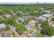 Aerial view of the neighborhood showcasing lush tree coverage, a mix of homes, and distant city views at 2815 W Estrella St, Tampa, FL 33629