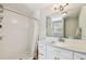 Bright bathroom featuring white subway tile in the shower/tub and vanity with ample space at 2815 W Estrella St, Tampa, FL 33629
