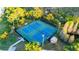 Aerial view of fenced tennis courts with four courts and adjacent storage shed within the community at 30647 Walker Cup Pl, Wesley Chapel, FL 33543