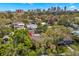 Aerial view of a home with mature trees and a city skyline in the distance at 646 16Th Ne Ave, St Petersburg, FL 33704