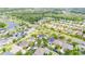 Aerial view showcasing the property within a landscaped neighborhood with ponds, green spaces, and local roadways at 9607 Orange Jasmine Way, Tampa, FL 33647
