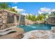 Luxury pool with lush landscaping, a beach entry, waterfalls, rock features and travertine pool deck at 9607 Orange Jasmine Way, Tampa, FL 33647