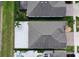 Overhead view of large grey roof, patio, and the well-kept landscaping of the backyard at 10008 Celtic Ash Dr, Ruskin, FL 33573