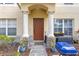 Welcoming front entrance with classic columns, a brown door, and meticulously maintained landscaping at 12937 Trade Port Pl, Riverview, FL 33579