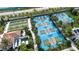 Aerial view of community tennis and bocce ball courts surrounded by mature trees and landscaping at 16913 Clear Cork Dr, Wimauma, FL 33598
