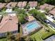 Aerial view of homes with tile roofs, a community pool, and well-manicured lawns at 3885 Timber Ridge Ct, Palm Harbor, FL 34685