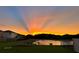 Home's backyard with pond reflecting sun rays, surrounded by green lawn, trees, and a protective fence at 4114 Dovetail Ln, Palmetto, FL 34221