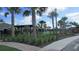 A large community pool is surrounded by tropical landscaping, tall palm trees, black fencing, and a covered outdoor seating area at 4114 Dovetail Ln, Palmetto, FL 34221