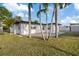 The backyard features mature palm trees that offer shade for the lawn at 504 Driftwood E Dr, Palm Harbor, FL 34683