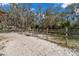 Equestrian facility with white sand area and paddock featuring mature trees and rail fencing under a bright blue sky at 6718 Watson Rd, Riverview, FL 33578