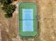 Overhead shot of a fenced pickleball court showcasing its well-maintained blue and green surface at 13096 Linzia Ln, Spring Hill, FL 34609