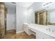Bright bathroom featuring double sinks, a large mirror, and a separate shower at 27130 Firebush Dr, Wesley Chapel, FL 33544