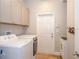 Convenient laundry room with ample cabinet space and utility sink, washer, and dryer at 27130 Firebush Dr, Wesley Chapel, FL 33544
