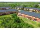 Aerial view of the backyards of townhomes showing patios, lawns, landscaping, and trees at 30130 Mossbank Dr, Wesley Chapel, FL 33543