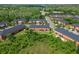 Aerial view of the backyard of a townhome showing the roof, patio, and landscaping at 30130 Mossbank Dr, Wesley Chapel, FL 33543