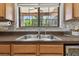 Close up of a kitchen sink with a view out the window of the backyard, and a wine cooler at 30130 Mossbank Dr, Wesley Chapel, FL 33543