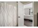Bathroom shower area featuring a white shower curtain with view of bedroom at 5460 Sandy Shell Dr, Apollo Beach, FL 33572