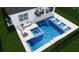 An aerial rendering showcases a luxurious pool with in-water seating and an attached jacuzzi next to an outdoor seating area at 5460 Sandy Shell Dr, Apollo Beach, FL 33572