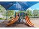 Community playground under a shade structure with slides, climbing features, and cushioned ground cover at 7019 Wiseman Run Dr, Sun City Center, FL 33573