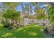 Lush backyard featuring well-maintained lawn, mature trees, and an outdoor dining area at 720 Brightwaters Ne Blvd, St Petersburg, FL 33704