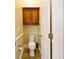 Convenient powder room with wood-look flooring and storage cabinet at 30623 Bittsbury Ct, Wesley Chapel, FL 33543