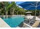 Stunning in-ground pool features a ledge lounger under an umbrella and lush tropical landscaping at 5025 W Homer Ave, Tampa, FL 33629