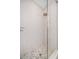 Walk-in shower featuring pebble floor, white tile walls with decorative tile accent, and frameless glass door at 5025 W Homer Ave, Tampa, FL 33629