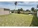 Sprawling backyard with waterfront view and lush green grass, shaded by tropical palm trees at 5043 Osprey Ln, New Port Richey, FL 34652