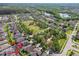 A beautiful aerial view of a neighborhood with mature trees, swimming pools and a scenic lake in the distance at 8248 Sequester Loop, Land O Lakes, FL 34637