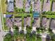 Aerial view displays well-maintained properties, manicured lawns, backyard pools, and tree-lined streets at 8248 Sequester Loop, Land O Lakes, FL 34637