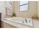 Close-up of a luxurious soaking tub in a bathroom with stylish tile accents at 8248 Sequester Loop, Land O Lakes, FL 34637