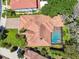 Aerial view of the tile roof, screened in lanai and pool in a well-landscaped yard at 1819 Bella Casa Ct, Tampa, FL 33618