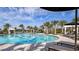 Resort-style pool surrounded by palm trees, lounge chairs, and relaxing cabanas at 29477 Velletri Ln, Wesley Chapel, FL 33543