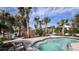 Inviting community pool area featuring a spa, comfortable lounge seating, and beautiful landscaping at 29477 Velletri Ln, Wesley Chapel, FL 33543