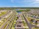 Aerial shot highlighting a community near a lake, with modern homes, solar panels, and well-kept green spaces under a blue sky at 4201 Globe Thistle Dr, Tampa, FL 33619