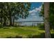 Expansive backyard with lush green grass, mature trees, and tranquil lake views at 4693 Aylesford Dr, Palm Harbor, FL 34685