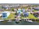 Aerial view of waterfront homes featuring boat lifts, backyard pools and green lawns at 5623 Jobeth Dr, New Port Richey, FL 34652