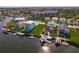 Gorgeous aerial view of a waterway community featuring homes with docks, boatlifts, and tiki bars at 5623 Jobeth Dr, New Port Richey, FL 34652