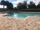 Community pool with a paved deck, metal railing, and trees in the background at 7029 White Treetop Pl, Riverview, FL 33578