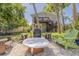 Backyard featuring an outdoor fire pit with Adirondack chairs, a wooden fence, and mature landscaping at 224 Ontario Ave, Crystal Beach, FL 34681
