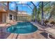 Screened-in pool and spa with a brick-paved patio, offering a serene view of the lush backyard at 2630 Grand Lakeside Dr, Palm Harbor, FL 34684