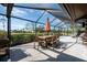 Enjoy this shaded screened in patio with a wood table and seating at 29844 Baywood Ln, Wesley Chapel, FL 33543