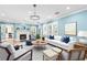 Bright living room featuring a fireplace, chandelier, blue walls, and white sofa at 556 21St Ne Ave, St Petersburg, FL 33704