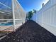 Image of the backyard showing new mulch, white fencing, and the screened-in pool at 7114 Parrot Dr, Port Richey, FL 34668