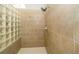 Shower enclosure with neutral tile, featuring glass block for privacy and natural light, with an adjustable shower head at 8376 Golden Prairie Dr, Tampa, FL 33647