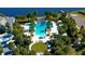 Aerial view of the community pool with palm trees, sun loungers, and a lake in the background at 10822 Verawood Dr, Riverview, FL 33579
