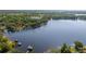 Scenic aerial view showcasing a lakefront property with mature trees and a dock amidst tranquil lake community at 18132 Oakdale Rd, Odessa, FL 33556
