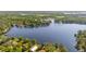 Aerial view features a lakefront property with mature trees and a dock set against a tranquil lake backdrop at 18132 Oakdale Rd, Odessa, FL 33556